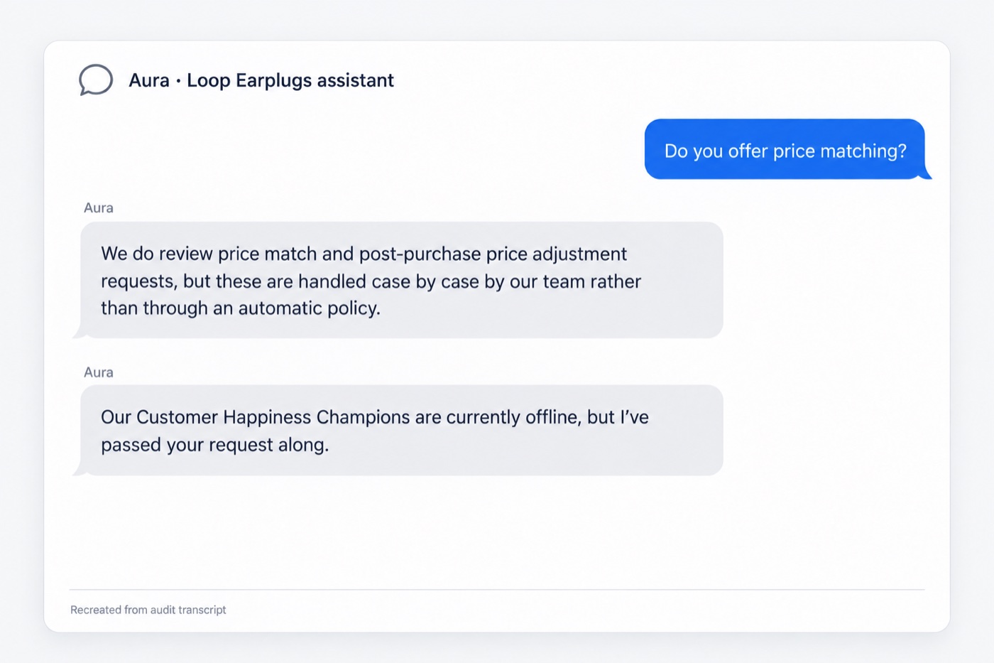 Recreated chat: Aura describes case-by-case price matching, then passes the request to offline staff